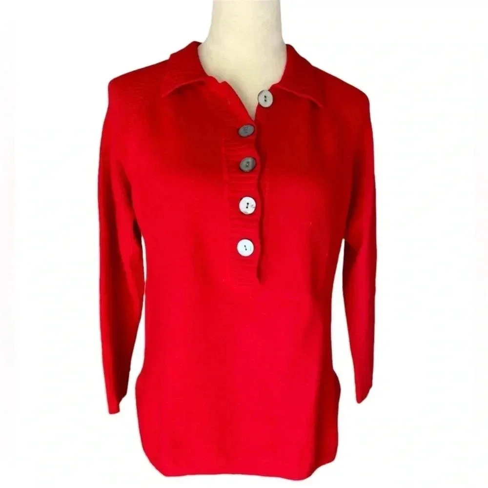 Valerie Stevens 100% Extra Fine Merino Wool Button Down‎ Women Red Sweater Sz L